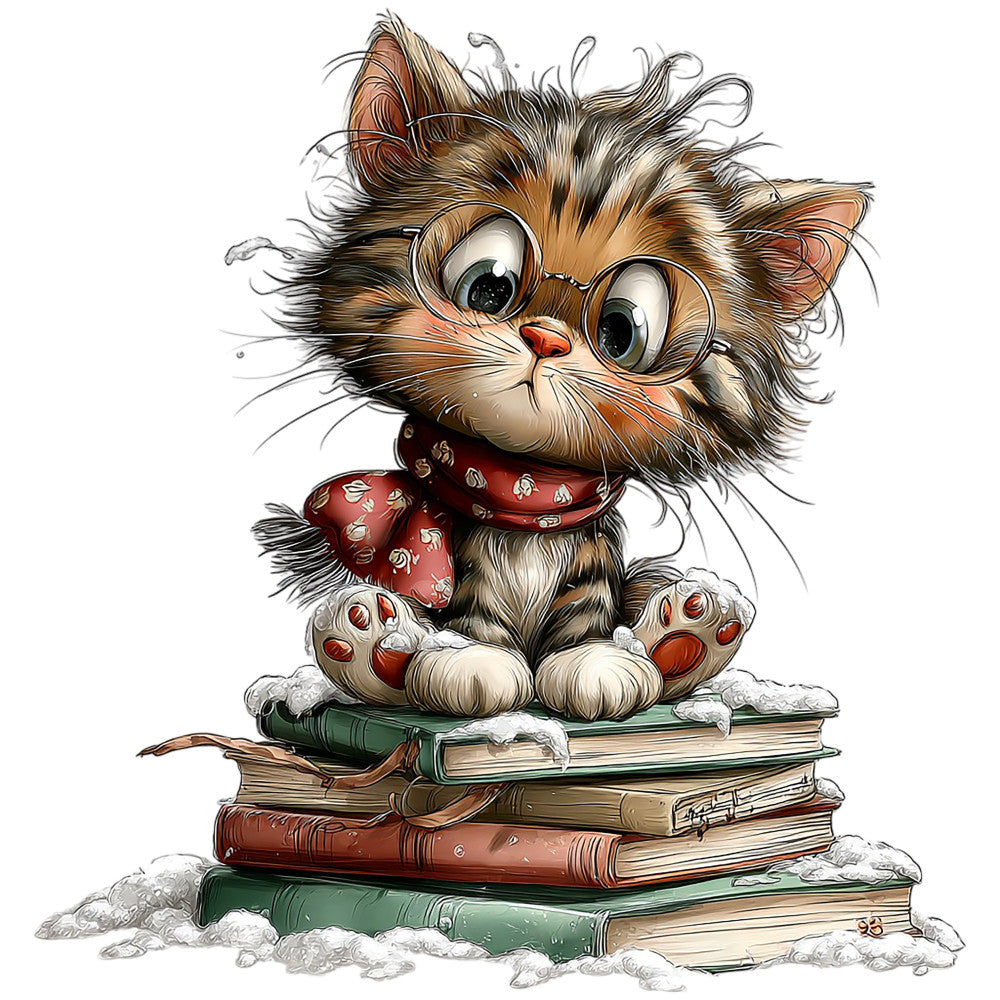 whimsical cat, orange tabby, fluffy cat, cat with glasses, scholarly cat, book lover, stack of books, reading theme, literary, vintage books, brown books, green books, red books, cream colored, tan, rust orange, deep red, forest green, charming animals, cute cat illustration, bow tie, bandana, playful, vintage style, storybook, educational, back to school, library theme