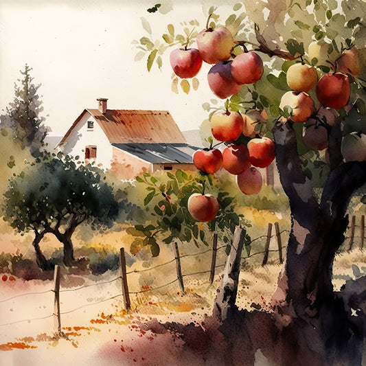 apple orchard, rustic farmhouse, watercolor, countryside cottage, harvest, autumn, red apples, cream background, pastoral, vintage, nature, orchard scene, agricultural, earthy tones, burnt orange, rust red, sage green, tan, beige, landscape, rural, traditional, country living, botanical, fall harvest, warm tones, impressionistic, scenic, wall hanging