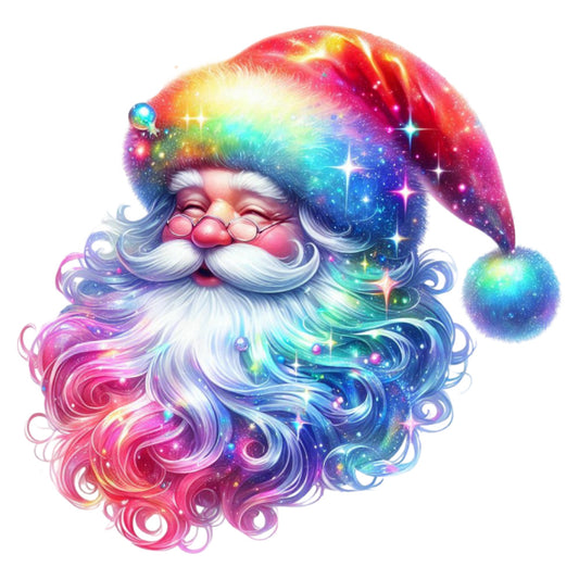 rainbow santa, colorful santa claus, galaxy print, cosmic santa, holographic santa, sparkle santa, iridescent santa, festive christmas, holiday santa, whimsical santa, magical santa, multicolor, rainbow gradient, hot pink, magenta, turquoise, cyan blue, golden yellow, purple, emerald green, stars, sparkles, celestial theme, christmas theme, jolly santa, festive holiday, magical christmas, whimsical style, fantasy design, glitter effect