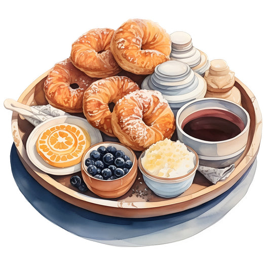 breakfast theme, croissants, pastries, coffee, blueberries, orange slices, butter, cream cheese, food illustration, kitchen decor, culinary, bakery, morning coffee, brunch, continental breakfast, warm tones, golden brown, cream, navy blue, soft colors, whimsical, cheerful, cafe style, bistro, french breakfast, coffee lover, food motifs, breakfast table, kitchen textile, home decor