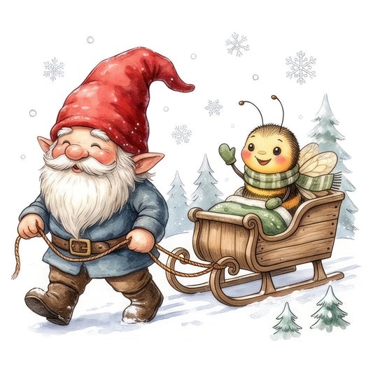 gnome, bee, winter, christmas, holiday, red, cream, forest green, sage green, blue-gray, whimsical, charming, festive, nature, woodland, snow, snowflakes, evergreen trees, sleigh, children's, storybook, vintage, rustic, magical, cheerful, family-friendly, illustration, character, seasonal, winter wonderland