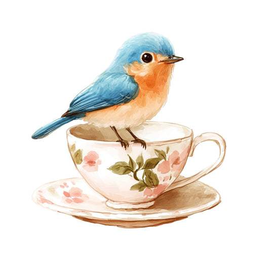 sky blue, cream, blush pink, sage green, bird, teacup, floral, spring, whimsical, elegant, vintage, nature, delicate, romantic, botanical, small bird, blue bird, tea time, cottage core, traditional, gentle, soft, pastel, tableware, decorative, nature-inspired, charming, feminine, classic, ornamental flowers