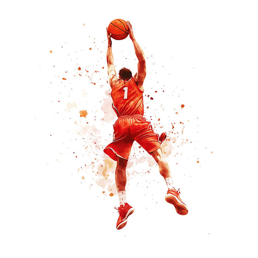 basketball, sports, red, orange, watercolor, splash, athletic, modern, dynamic, action, player, jersey number 1, abstract, energetic, youth, movement, inspiration, motivational, casual, contemporary, paint splatter, vibrant, competitive, team spirit, urban, streetwear style, jump shot, silhouette, sports fan, game day