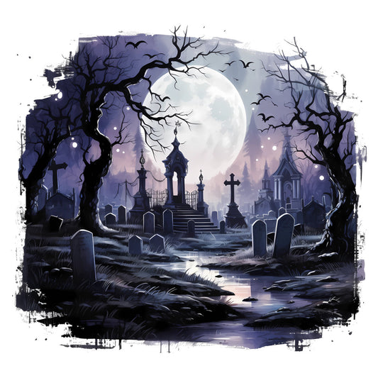 midnight blue, deep purple, silver gray, white, dark teal, gothic, spooky, halloween, cemetery, graveyard, moonlight, full moon, bats, bare trees, churches, crosses, haunted, eerie, mysterious, celestial, night sky, dark romance, gothic architecture, autumn, fall, halloween decor, wall hanging, panel quilt, atmospheric, moody