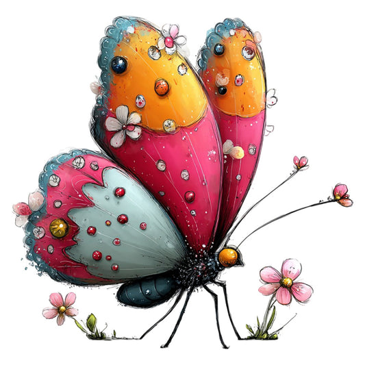 butterfly, orange, yellow, hot pink, magenta, teal blue, mint green, whimsical, nature, insects, jeweled, sparkle, embellished, flowers, floral, spring, summer, animal, decorative, fantasy, vibrant, colorful, playful, artistic, illustration, dimensional, rhinestone, delicate, botanical