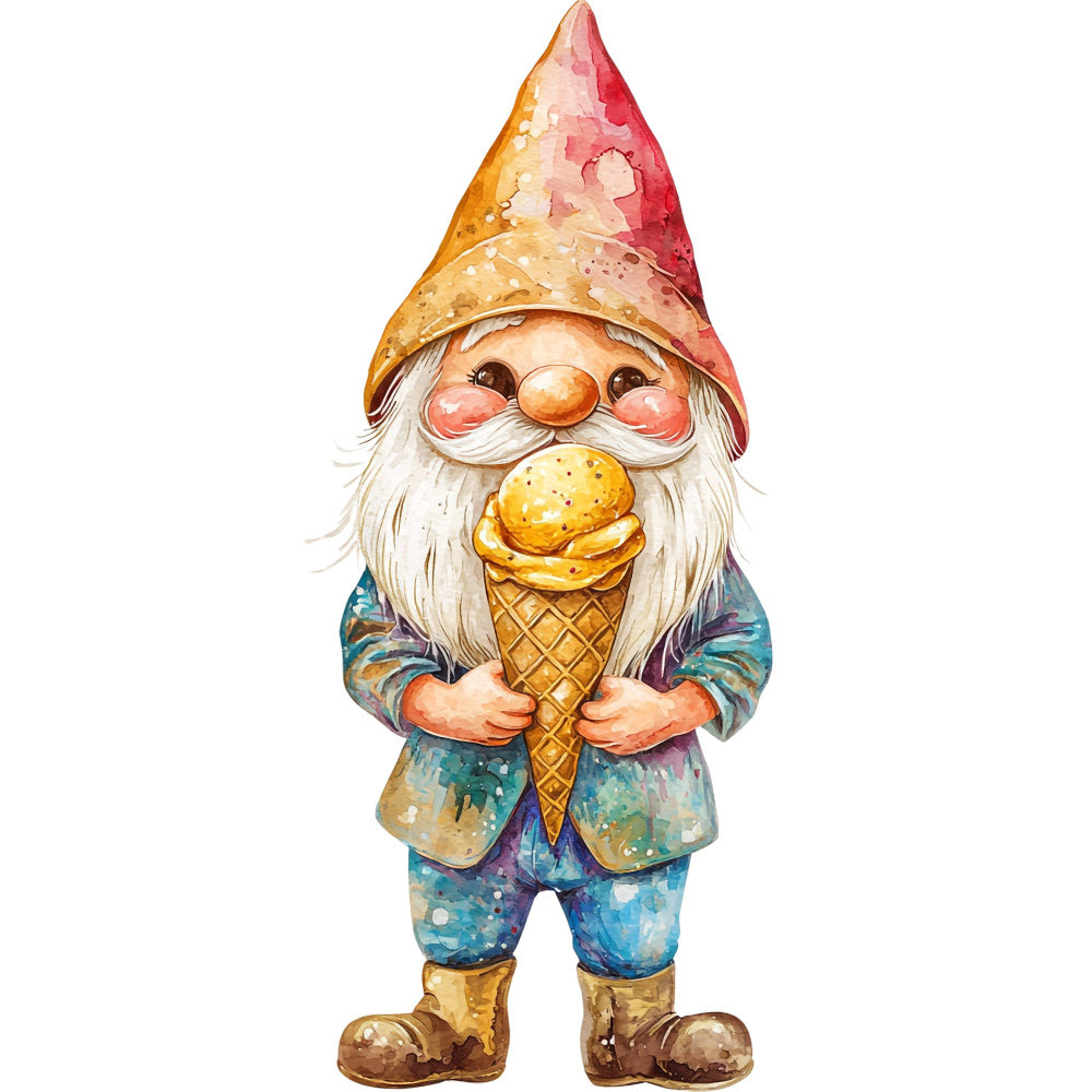 gnome, whimsical, ice cream cone, golden yellow, cream white, teal blue, purple, coral pink, red, orange, fantasy, playful, character, cheerful, vintage style, garden gnome, summer, children's, novelty, fun, colorful, detailed illustration, storybook, magical, hand-painted style, speckled pattern, whimsical character, folk art, decorative panel, wall hanging