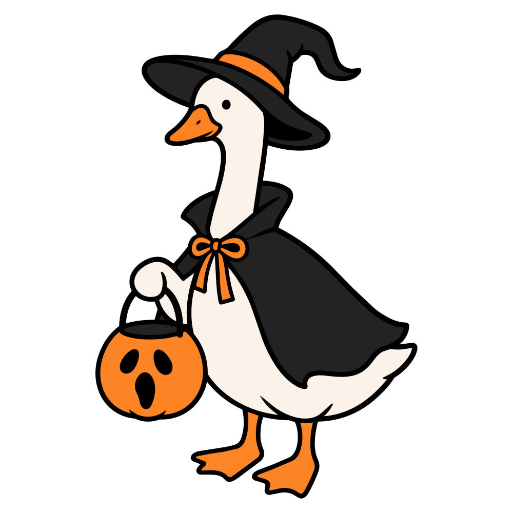 halloween, witch, goose, duck, trick or treat, costume, pumpkin, jack-o-lantern, black, orange, cream, whimsical, festive, autumn, fall, holiday, animal, bird, waterfowl, cape, witch hat, candy bucket, spooky, fun, playful, children's, kids, seasonal, october