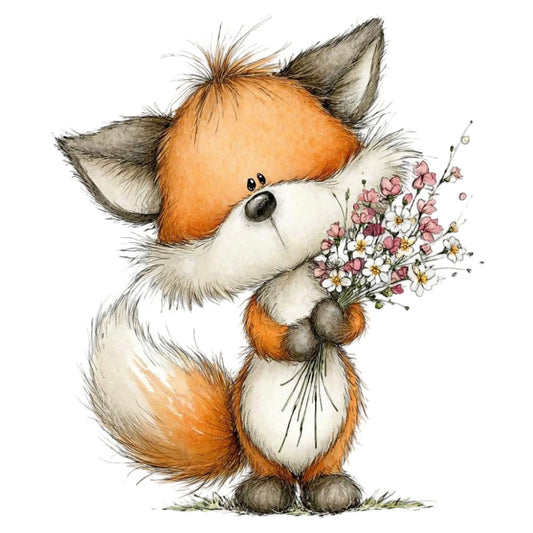 cute fox, orange and white, woodland animal, forest green, cream, dusty rose, pink flowers, white flowers, whimsical, children's illustration, baby nursery, spring, nature, floral bouquet, animal character, sweet, gentle, soft pastels, daisy, botanical, playful, storybook, innocent, charming, kids fabric, decorative panel, wall art, nursery decor, springtime