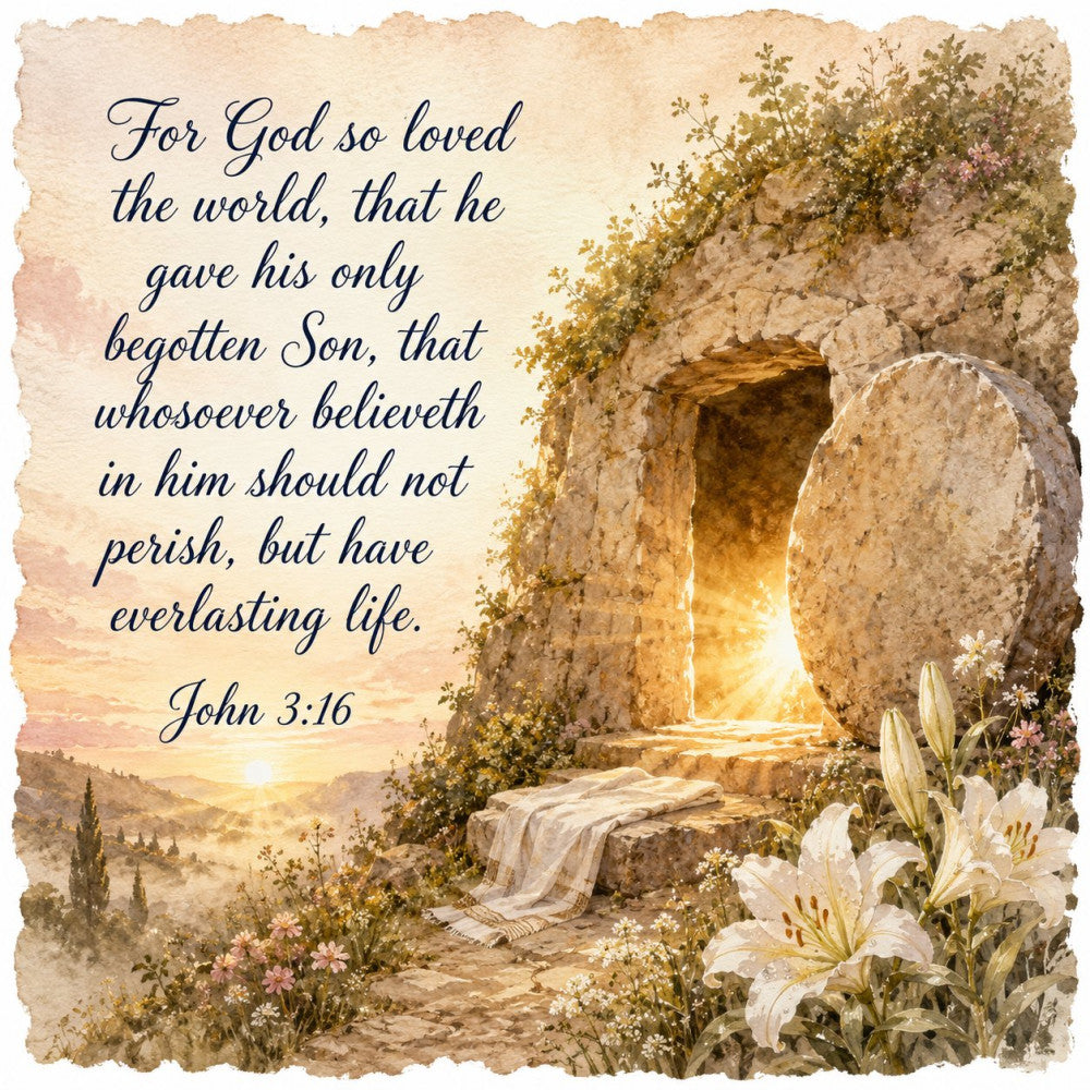 cream, beige, tan, gold, dusty rose, soft pink, sage green, spiritual, religious, faith, scripture, bible verse, john 3:16, easter, resurrection, tomb, light, hope, flowers, lilies, white flowers, landscape, nature, vintage, elegant, romantic, peaceful, inspirational, spiritual art, garden