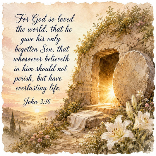 cream, beige, tan, gold, dusty rose, soft pink, sage green, spiritual, religious, faith, scripture, bible verse, john 3:16, easter, resurrection, tomb, light, hope, flowers, lilies, white flowers, landscape, nature, vintage, elegant, romantic, peaceful, inspirational, spiritual art, garden