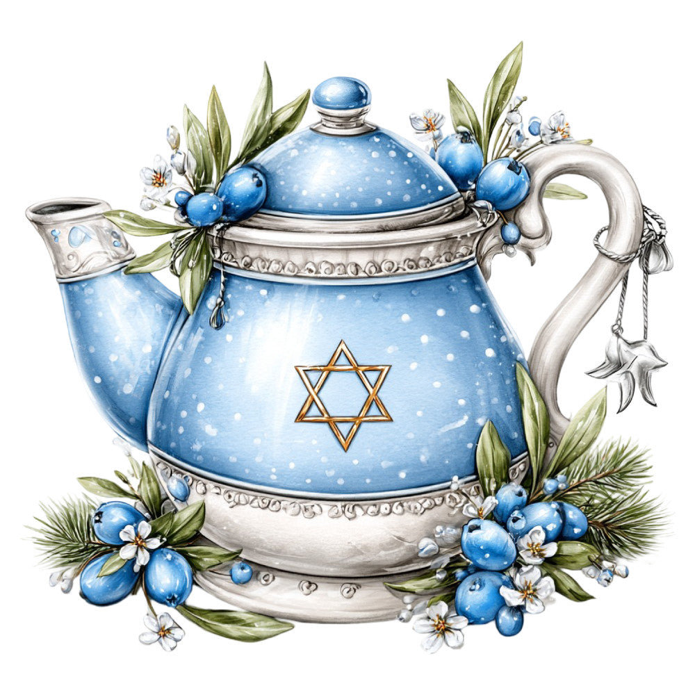 sky blue, periwinkle blue, white, silver, star of david, jewish, hanukkah, blueberries, berries, floral, flowers, botanical, elegant, whimsical, vintage, ornate, decorative, holiday, winter, spring, traditional, sophisticated, metallic accents, nature, botanical motifs, festive, religious, ceremonial, star pattern, leaf garland