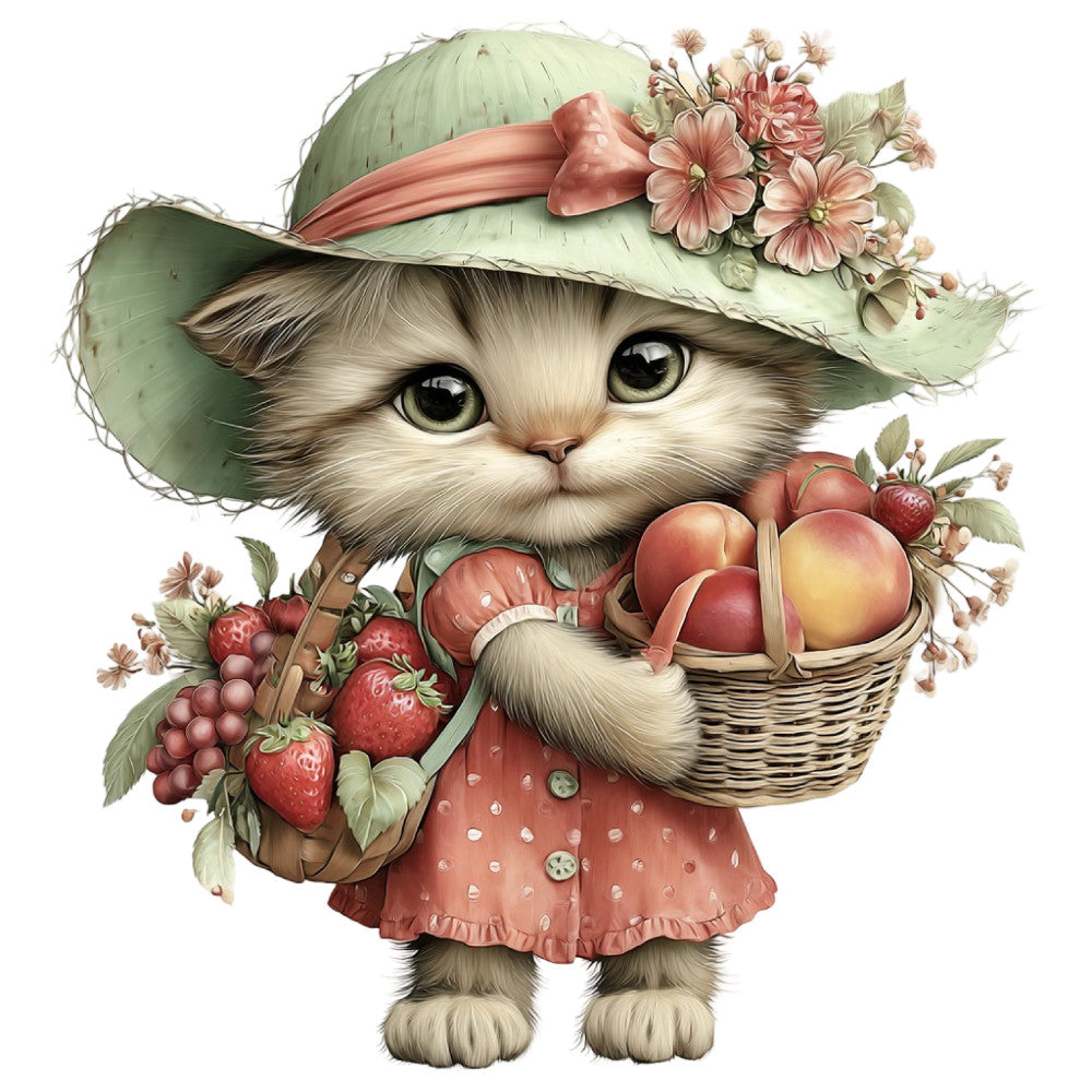 cat, kitten, cute animals, whimsical, spring, summer, mint green, sage green, coral pink, dusty rose, cream, soft colors, floral, strawberries, peaches, fruit, basket, cottage core, farmhouse, vintage, pastoral, garden, flowers, daisy, romantic, sweet, gentle, nature, child-friendly, storybook
