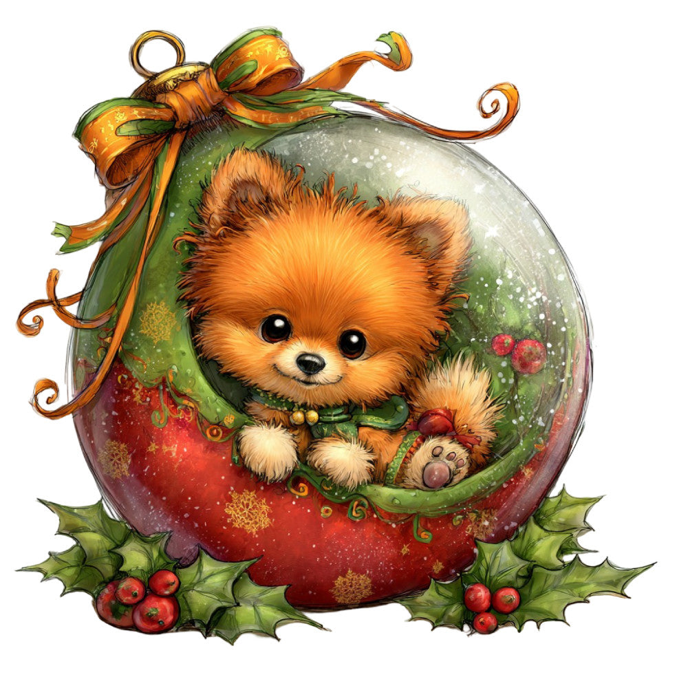 cute puppy, fluffy dog, pomeranian, orange dog, forest green, ruby red, cream white, gold accents, holiday themed, christmas, festive, whimsical, decorative ornament, snow globe, holly leaves, red berries, ribbon bow, curled ribbon, winter, seasonal, baby quilt, wall hanging, children's fabric, nursery decor, cute animals, sweet character, playful design, vintage style, illustration art