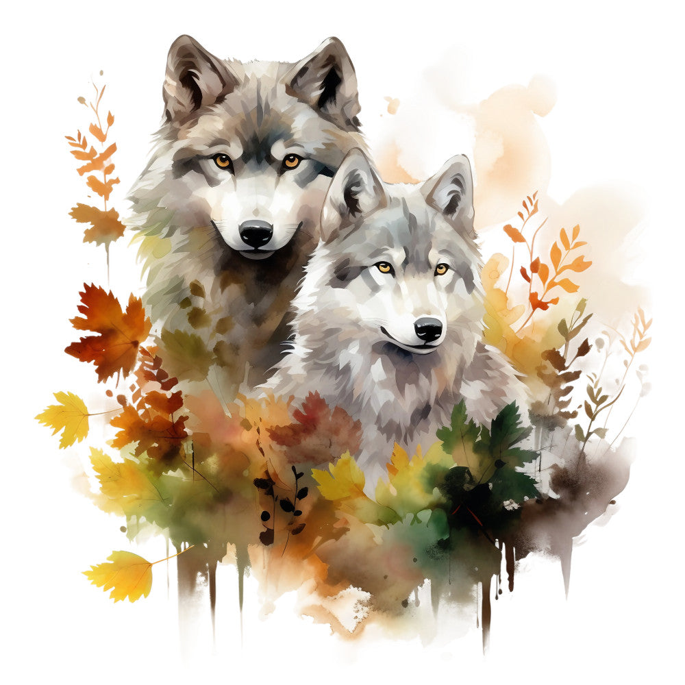 wolves, gray wolves, autumn leaves, watercolor style, orange foliage, amber eyes, wildlife art, nature scene, fall colors, burnt orange, golden yellow, forest green, cream background, animal portrait, fabric panel, quilting cotton, woodland theme, painterly effect, dripping paint, seasonal motif