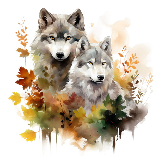wolves, gray wolves, autumn leaves, watercolor style, orange foliage, amber eyes, wildlife art, nature scene, fall colors, burnt orange, golden yellow, forest green, cream background, animal portrait, fabric panel, quilting cotton, woodland theme, painterly effect, dripping paint, seasonal motif