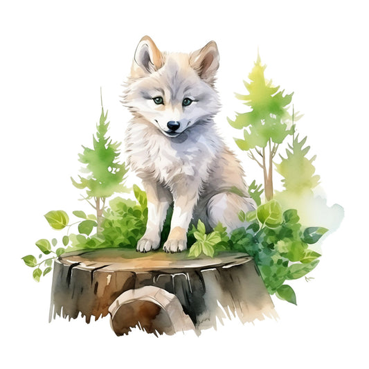 wolf puppy, baby wolf, forest scene, tree stump, green foliage, cream fur, gray markings, blue eyes, watercolor style, nature theme, woodland creatures, soft pastels, fabric panel, quilting cotton, nursery decor, animal portrait, sitting pose, fluffy texture, peaceful mood, botanical elements