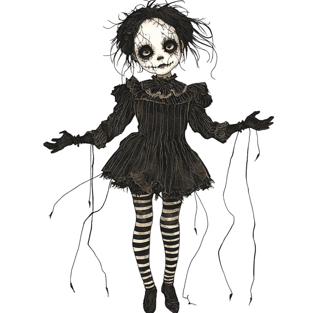 goth, gothic, dark, black, cream, ivory, striped stockings, doll, creepy, spooky, halloween, whimsical, dark whimsy, puppet, stitched face, vintage doll, eerie, haunting, costume, dress, ruffled collar, puff sleeves, alternative, edgy, macabre, dark fairy tale, gothic lolita, character panel, novelty