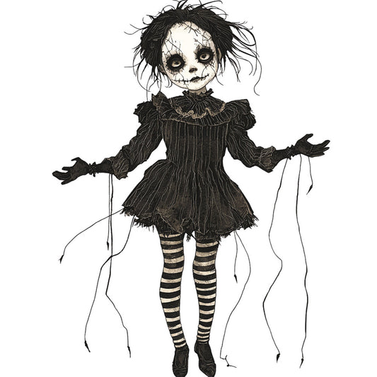 goth, gothic, dark, black, cream, ivory, striped stockings, doll, creepy, spooky, halloween, whimsical, dark whimsy, puppet, stitched face, vintage doll, eerie, haunting, costume, dress, ruffled collar, puff sleeves, alternative, edgy, macabre, dark fairy tale, gothic lolita, character panel, novelty