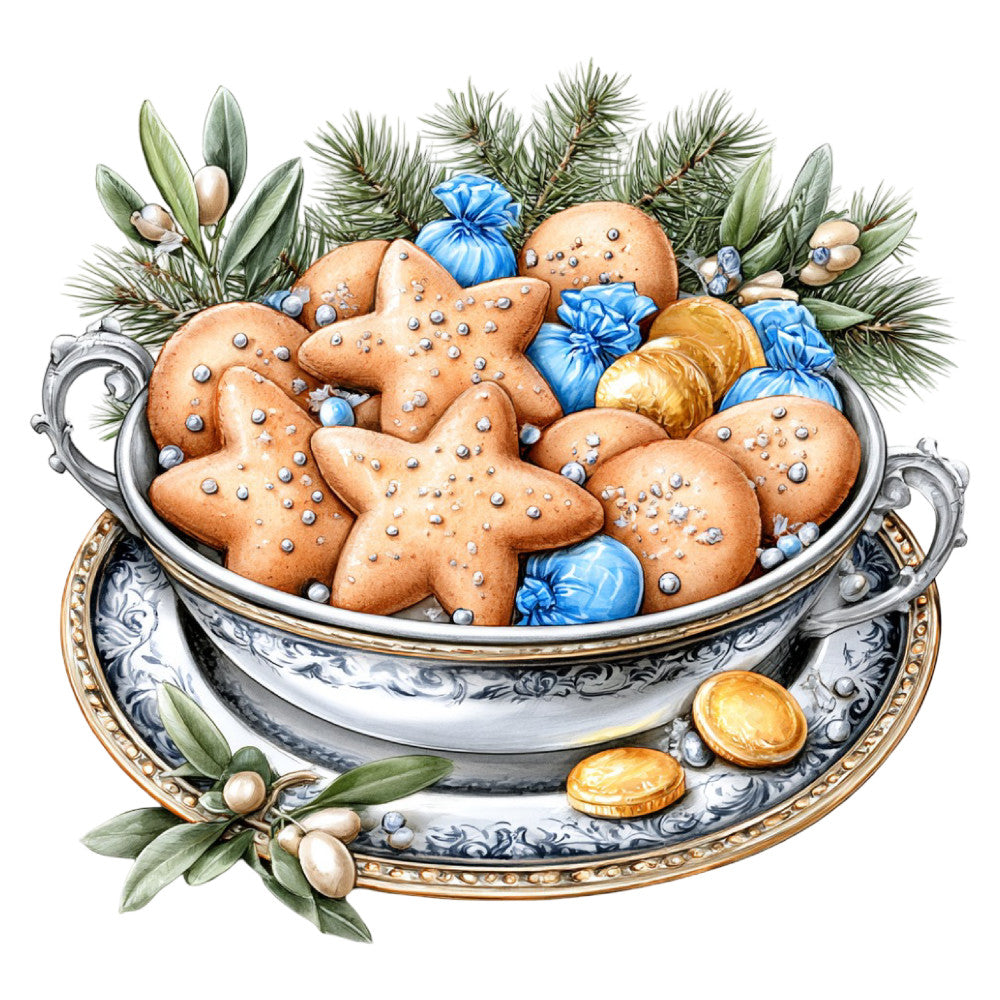 gingerbread cookies, holiday, christmas, winter, blue and brown, cream, gold accents, ornamental bowl, festive, decorative, elegant, traditional, vintage, whimsical, bakery, food themed, evergreen, pine branches, berries, culinary, dessert, baked goods, retro, decorative arts, table runner, wall hanging, home decor, pearl details, ornate borders