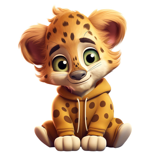 cute leopard, golden yellow, orange spots, green eyes, kawaii style, cartoon animal, spotted pattern, hoodie pajamas, sitting pose, fluffy fur, children's fabric, quilting panel, cotton fabric, adorable character, nursery theme, baby animal, soft colors, playful design, fabric square, sewing project