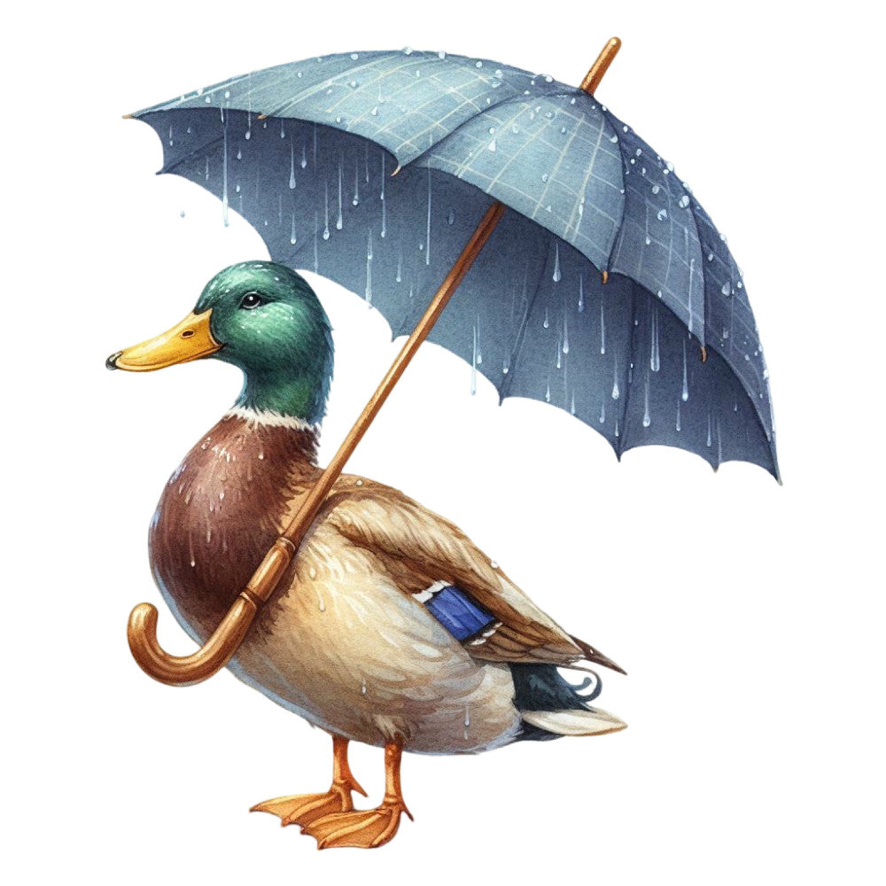 duck with umbrella, mallard, rainy day, rain drops, whimsical animals, woodland creatures, navy blue, forest green, golden yellow, rust brown, cream, charming, vintage style, storybook illustration, children's design, nursery, weather themed, autumn, nature inspired, bird motif, decorative illustration, english countryside, farmyard, sweet design, gentle illustration, classic style, timeless, cozy, whimsy
