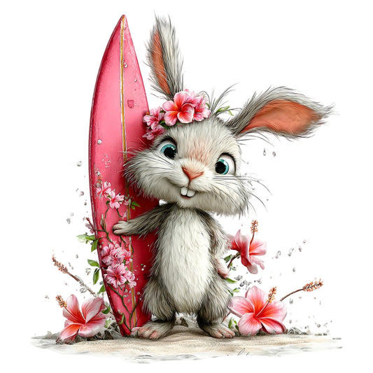 cute bunny, rabbit, pink flowers, coral pink, red pink, white, gray, floral, whimsical, playful, spring, summer, animal theme, surfboard, beach theme, hibiscus flowers, nature, children's, kids, baby quilt, wall hanging, decorative panel, bohemian, cheerful, adorable, tusked rabbit, flower crown, tropical vibes, nursery decor
