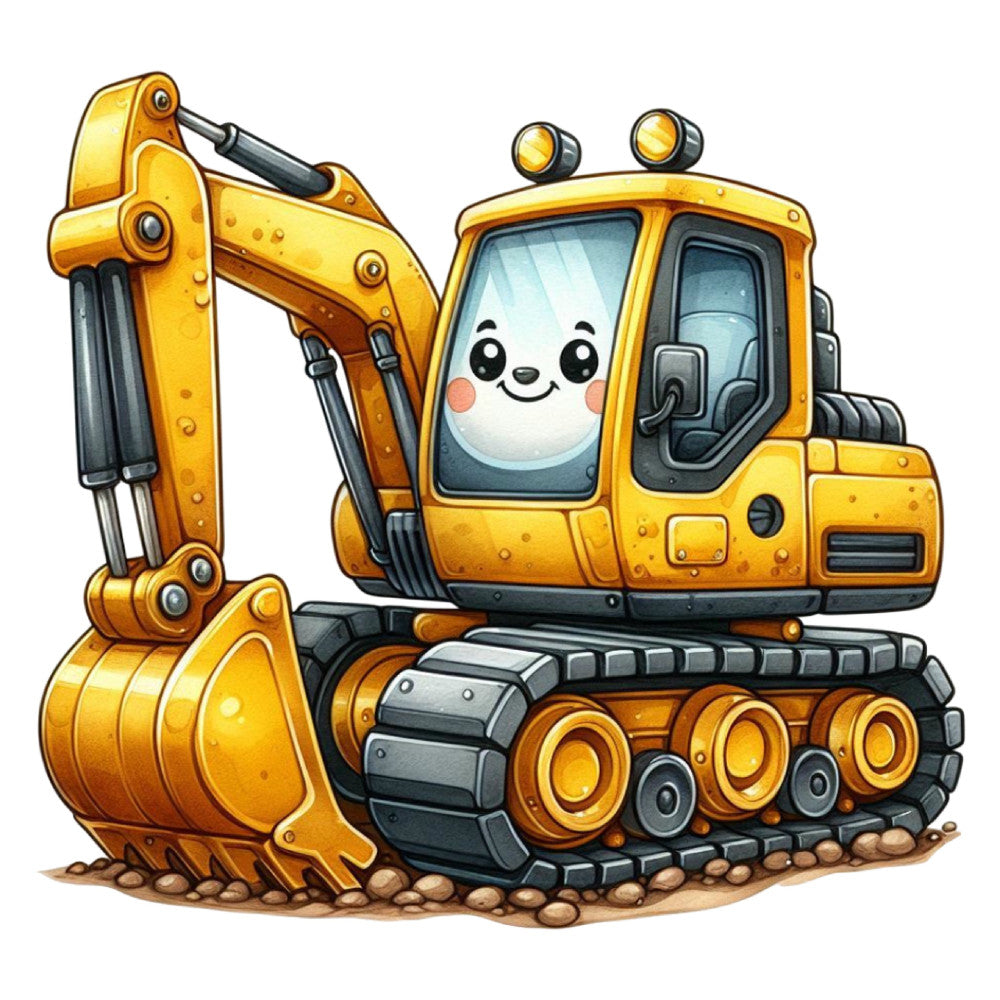 yellow, gold, orange, bright yellow, construction vehicle, excavator, cute, kawaii, whimsical, playful, children's, kids, baby, cartoon, character, vehicle themed, construction themed, smiling face, anthropomorphic, modern, fun, cheerful, happy, industrial, vehicles, heavy equipment, toddler, nursery, playroom