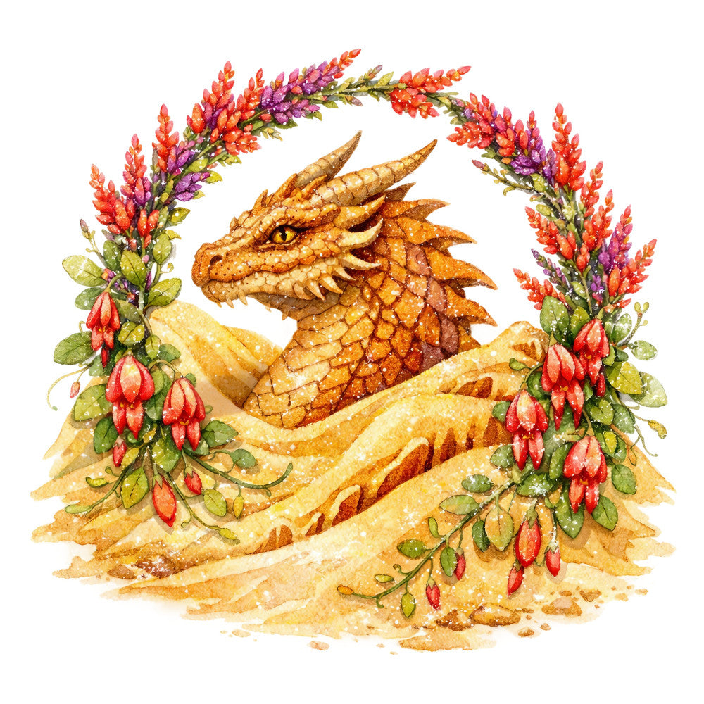 dragon, fantasy, gold, orange, rust, burnt orange, yellow, coral, red, purple, magenta, green, floral, botanical, flowers, magical, whimsical, mystical, nature, animals, creature, ornamental, elegant, decorative, autumn, fall, rustic, enchanted, fairy tale, wall hanging
