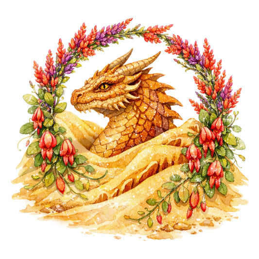 dragon, fantasy, gold, orange, rust, burnt orange, yellow, coral, red, purple, magenta, green, floral, botanical, flowers, magical, whimsical, mystical, nature, animals, creature, ornamental, elegant, decorative, autumn, fall, rustic, enchanted, fairy tale, wall hanging