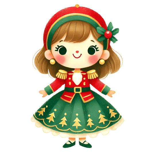 christmas, holiday, festive, red, forest green, gold, cream, brown hair, vintage, whimsical, retro, cute, character, girl, dress, holly berry, christmas tree, military jacket, epaulettes, beanie, cheerful, nostalgic, traditional, seasonal, winter, december, feminine, illustrated, children's, decorative