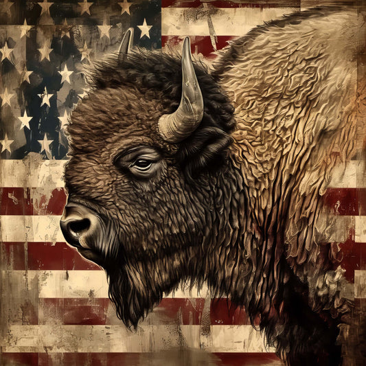 buffalo, bison, american flag, patriotic, wildlife, animals, sepia tone, brown, cream, tan, beige, red, vintage, rustic, western, americana, farm animals, distressed, grunge, portrait, detailed illustration, nature, traditional, masculine, lodge style, country, nostalgia, heritage, wall art