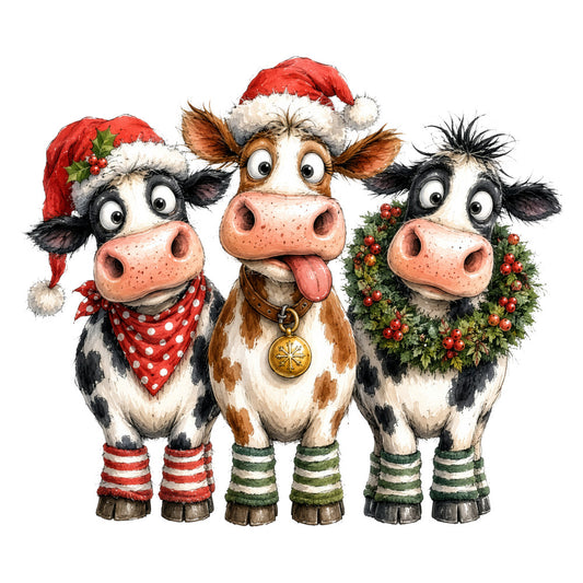 christmas cows, holiday animals, festive farm, whimsical cows, red and white, cream white, forest green, gold accents, black and white, cow faces, santa hat, wreath, holly berries, polka dots, striped leg warmers, bandana, bell pendant, farmhouse style, rustic charm, playful animals, seasonal decor, christmas novelty, cheerful holiday, festive farmyard, cow print, decorative animals, winter theme, cheerful design