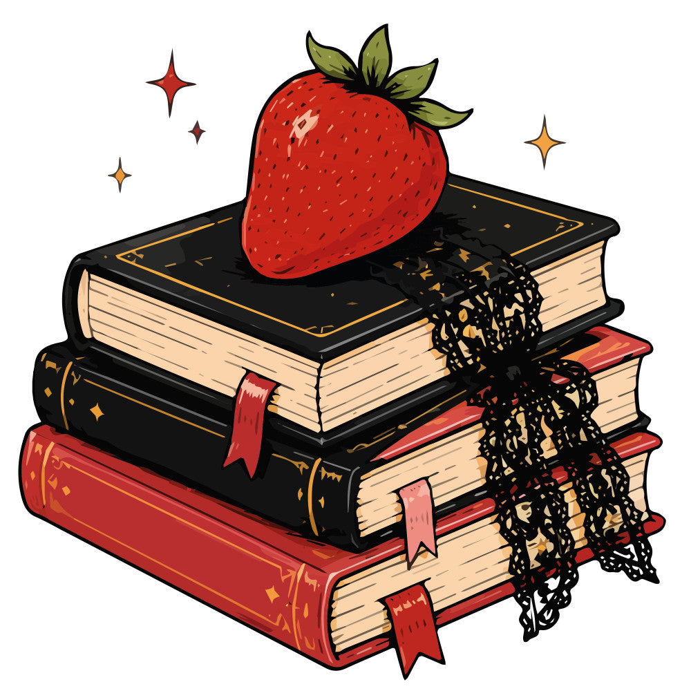 strawberry, red, cream, black, gold, books, literary, bookish, reading, knowledge, education, whimsical, vintage, elegant, academic, library, lace trim, ribbons, stars, sparkles, celestial, botanical, leaves, fruit, back to school, teacher gifts, intellectual, classic literature, nostalgic, stacked books