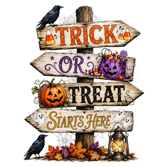 halloween, trick or treat, autumn, fall, orange, purple, black, cream, wood grain, rustic, vintage, directional sign, candy corn, jack-o-lantern, pumpkin, ghost, crow, raven, cobweb, spiderweb, lantern, leaves, whimsical, seasonal, october, spooky, holiday, wall hanging, home decor, decorative panel