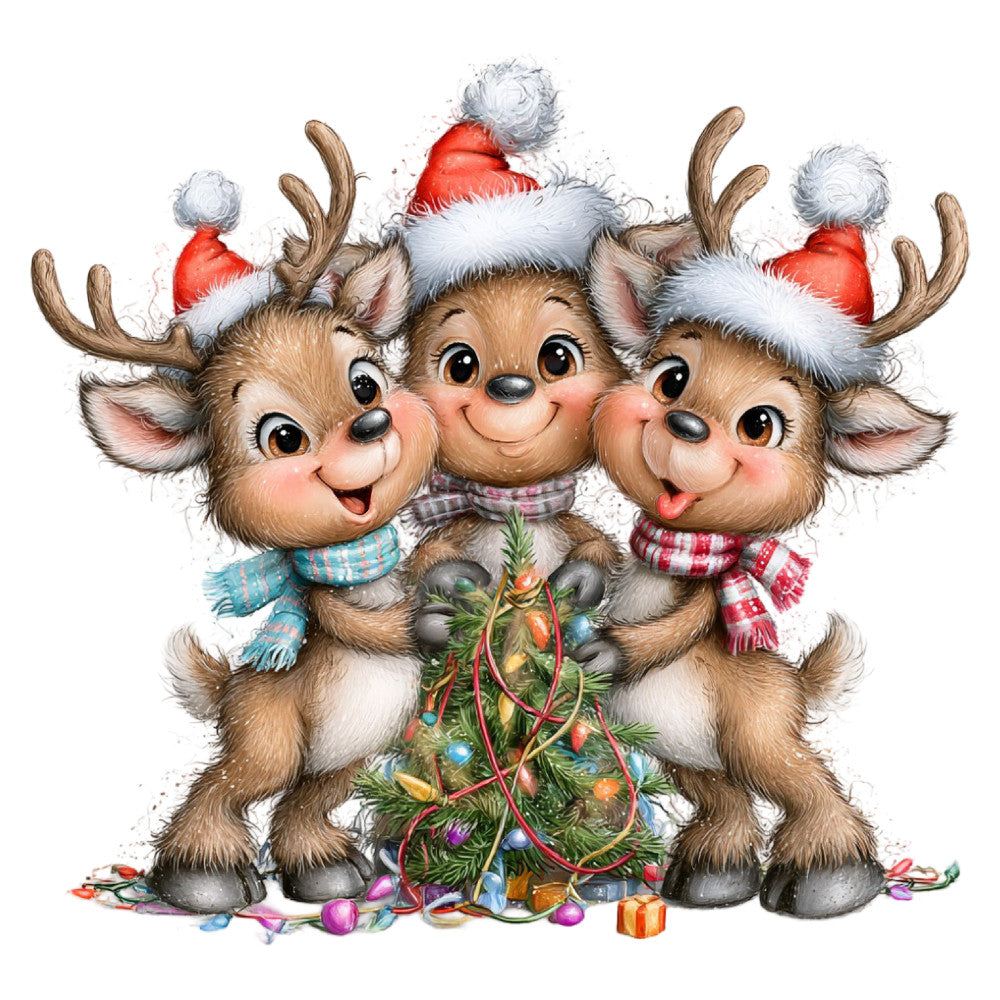 christmas, holiday, reindeer, festive, cute animals, whimsical, santa hats, red and white, cream, tan, brown, plaid scarves, checkered, decorative ornaments, tinsel, gift boxes, colorful baubles, winter, seasonal, cheerful, playful, traditional christmas, children's, family-friendly, festive animals, holiday decor, jolly, merry, charming, illustration style