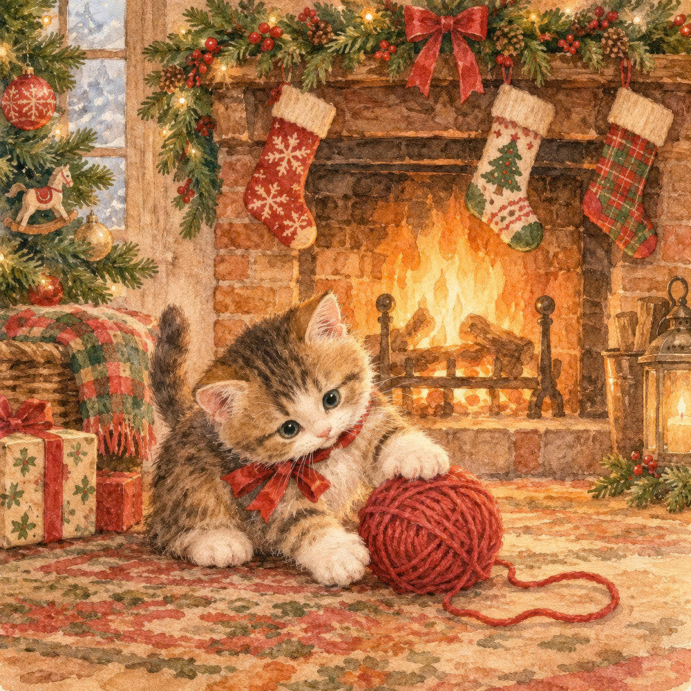 kitten, cat, christmas, holiday, fireplace, stockings, cozy, warm, red, cream, green, gold, plaid, tartan, festive, vintage, traditional, whimsical, nostalgic, wreath, gifts, presents, yarn ball, bow, rustic, hearth fire, evergreen, bell pull, winter, seasonal decoration