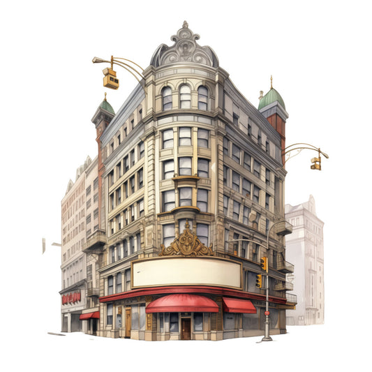 architecture, vintage, urban, cityscape, building, skyscraper, art deco, cream, beige, tan, gold, red, green, copper, brass, decorative, ornamental, detailed, nostalgic, retro, classic, elegant, structured, geometric, metropolitan, streetscape, landmark, industrial, heritage, timeless