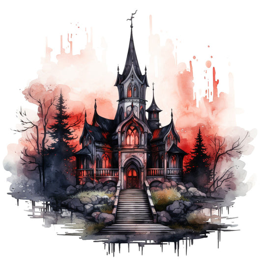 gothic castle, dark academia, black spire, crimson red, dusty rose, charcoal gray, deep burgundy, watercolor, fantasy architecture, haunted mansion, moody atmospheric, halloween, spooky, Victorian gothic, ornate tower, mystical, dramatic, elegant dark, autumn vibes, bare trees, evergreen forest, architectural, stained glass windows, dramatic sky, supernatural, Victorian era, romantic dark, illustration art style, wall hanging, decorative panel