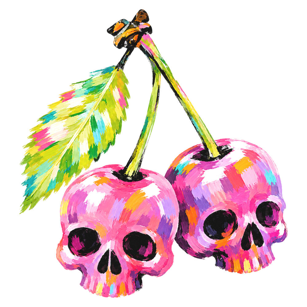 hot pink, magenta, neon pink, lime green, yellow, cyan blue, purple, orange, colorful, vibrant, skulls, cherries, fruit, botanical, leaves, whimsical, modern, pop art, artistic, abstract brushstrokes, painted, contemporary, gothic, edgy, bold, statement print, artistic painting style, dark and bright contrast