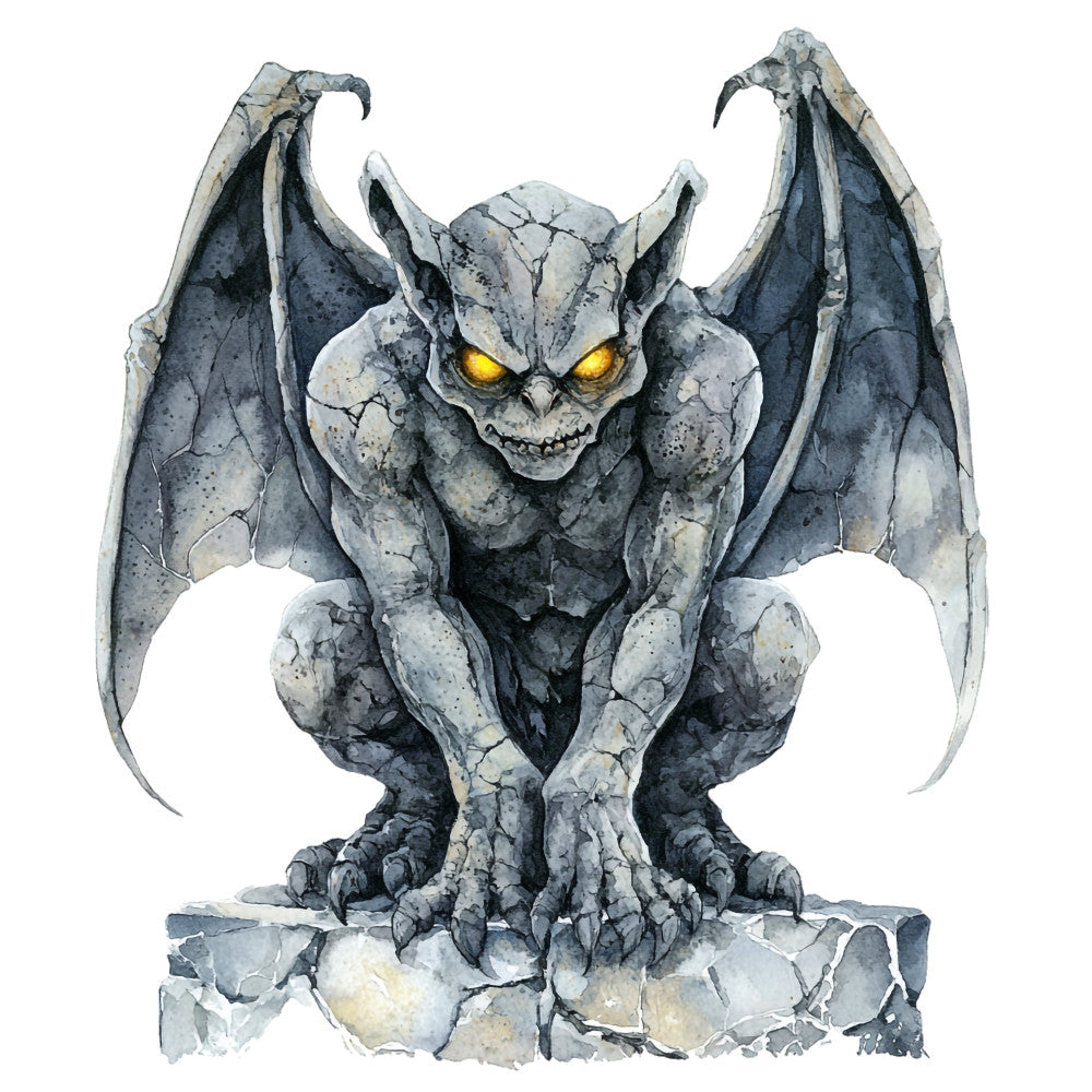 stone gray, charcoal gray, slate blue, golden yellow, gargoyle, demon, winged creature, gothic, fantasy, monster, supernatural, dark fantasy, halloween, spooky, scary, stone texture, cracked stone, weathered, mystical, creature design, fantasy art, dark theme, moody, atmospheric, evil, menacing, fantasy character, decorative panel, wall art