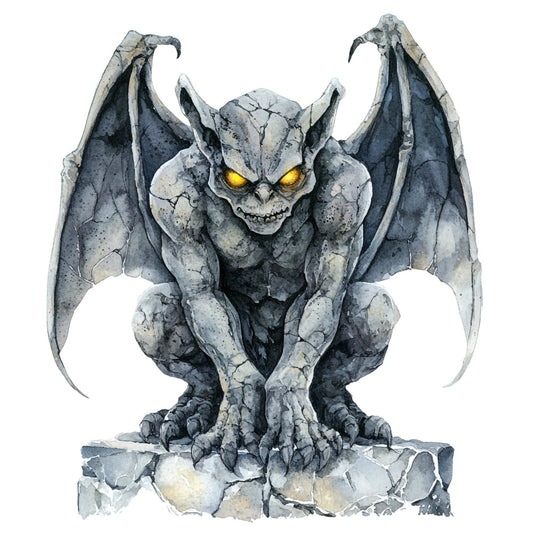stone gray, charcoal gray, slate blue, golden yellow, gargoyle, demon, winged creature, gothic, fantasy, monster, supernatural, dark fantasy, halloween, spooky, scary, stone texture, cracked stone, weathered, mystical, creature design, fantasy art, dark theme, moody, atmospheric, evil, menacing, fantasy character, decorative panel, wall art