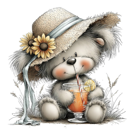 cute animals, adorable bunny, rabbit character, whimsical, soft gray, cream, beige, tan, straw hat, sunflower, floral, botanical, summer, spring, children's, kids, baby, sweet, gentle, nature themed, garden, outdoor, beverage, lemonade, citrus, lemon slice, cozy, charming, illustration style, storybook