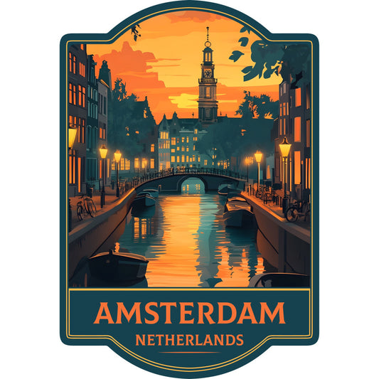 amsterdam, netherlands, travel, vintage poster, cityscape, canal, architecture, sunset, golden hour, teal, dark teal, orange, golden yellow, warm tones, cool tones, bridge, clock tower, buildings, street lamps, boats, bicycles, european, retro, nostalgic, travel themed, wanderlust, scenic, evening, dusk, wall hanging