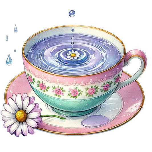 teacup, floral, roses, daisy, water ripples, pink, lavender, purple, turquoise, cream, gold trim, whimsical, vintage, elegant, nature, botanical, daisies, pink roses, tea time, spring, garden, decorative, ornate, dreamy, feminine, cottage core, traditional, english garden, botanical illustration, teapot theme
