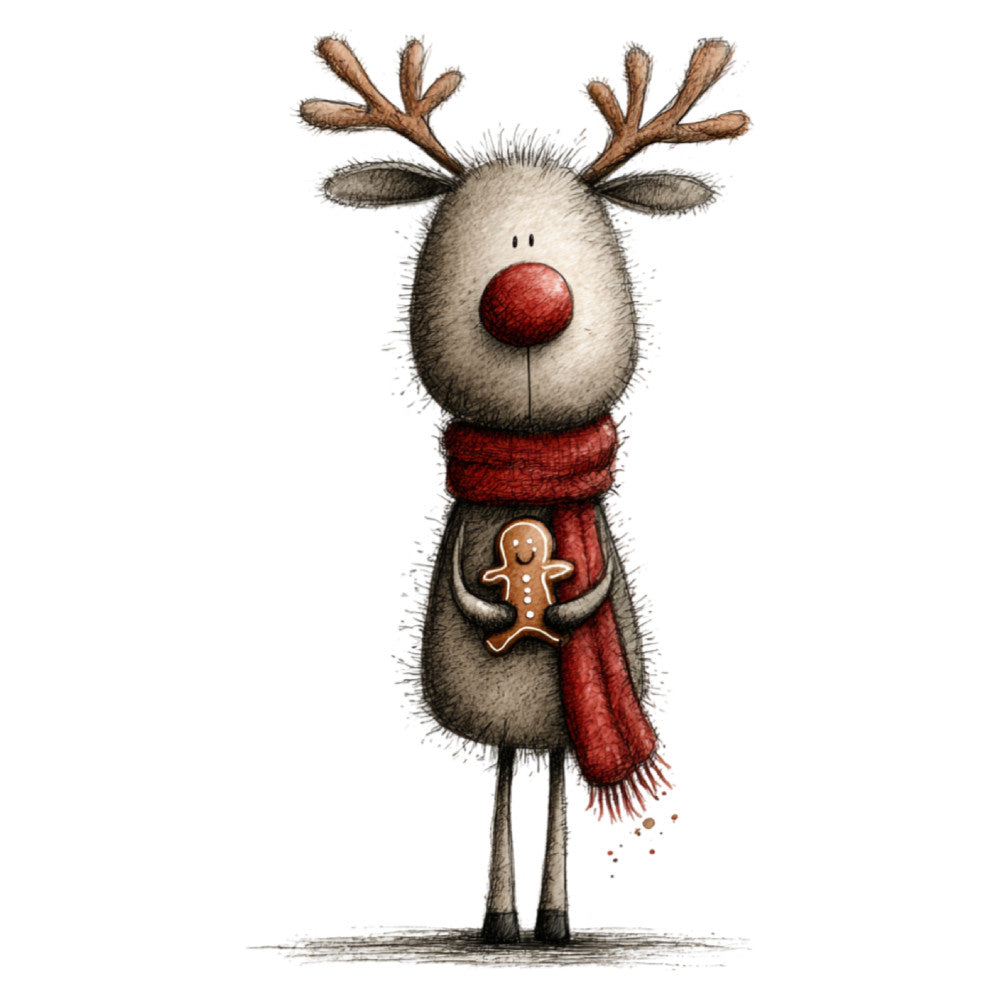 reindeer, red nose, christmas, holiday, whimsical, cute, gingerbread man, festive, cream, beige, red, brown, winter, seasonal, animals, children's, playful, rudolph, scarf, charming, folk art, vintage style, rustic, decorative, kid-friendly, novelty print, heartwarming, cozy, merry