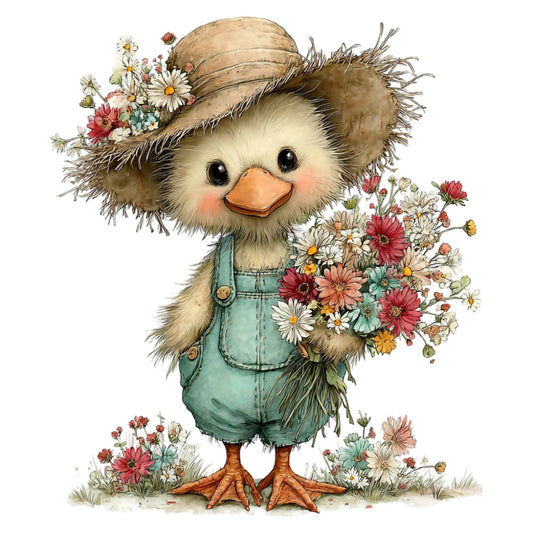 cute duck, animal character, daisies, wildflowers, cottage core, farmhouse, whimsical, spring, garden theme, straw hat, denim overalls, cream white, sage green, coral pink, red flowers, yellow flowers, vintage style, nursery, children's, storybook illustration, nature theme, floral bouquet, rustic charm, sweet design, pastoral, country style, botanical, cheerful, decorative panel