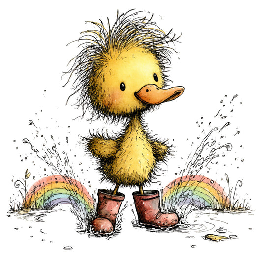 yellow duck, whimsical animals, cute character, rain boots, puddle jumping, rainbows, children's fabric, baby animals, farmyard, spring theme, summer theme, yellow and black, terracotta, watercolor style, ink illustration, playful design, nursery fabric, kid's apparel, nature scenes, splashing water, pastoral, storybook illustration, gentle colors, soft pastels, duckling, nature lover, outdoor play, cheerful design, decorative birds, illustrative style