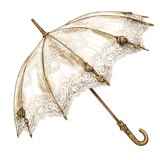 cream, beige, tan, gold, lace, steampunk, vintage, elegant, romantic, parasol, umbrella, lace trim, gears, ornate, victorian, antique, delicate, feminine, decorative, botanical, nature, classic, timeless, ornamental, brass, intricate, detailed, embellished, nostalgic, garden