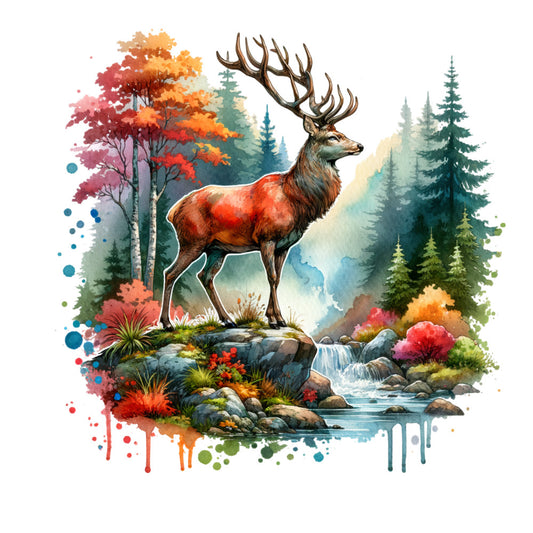 deer, elk, wildlife, forest, nature, woodland, autumn, fall, watercolor, artistic, watercolor splatter, abstract, rustic, whimsical, elegant, red, orange, burnt orange, forest green, teal, blue, cream, colorful, evergreen trees, pine trees, stream, water, rocks, flowers, wildflowers
