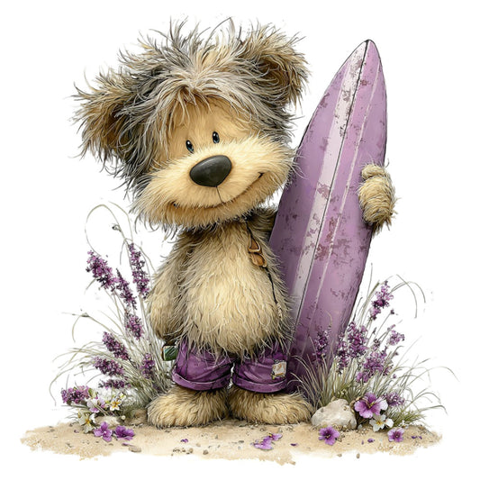 adorable puppy, lavender purple, cream, tan, beach theme, surfboard, whimsical, cute animals, dog, children's, playful, summer, coastal, nautical, purple flowers, daisy, nature, illustration, character panel, sweet, decorative, adorable design, apparel, stuffed animal aesthetic, novelty, beige, floral accent, sand, rocks, vintage illustration style